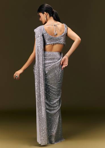 Grey Sequin Embroidered Ready To Wear Saree