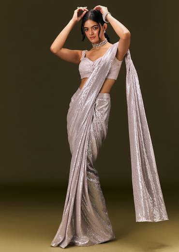 Silver Sequin Stone Embroidered Readymade Saree With Ruched Blouse