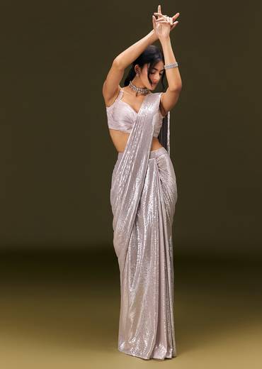 Silver Sequin Stone Embroidered Readymade Saree With Ruched Blouse