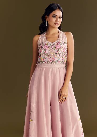 Baby Pink Tissue Halter Neck Jumpsuit With Moti Cutdana Belt