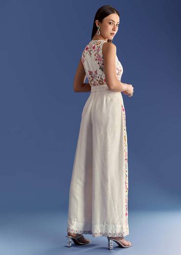 White Thread And Moti Work Jumpsuit With Waist Belt
