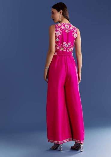 Pink Thread And Moti Work Jumpsuit With Waist Belt