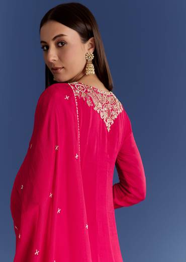 Red Chinon Anarkali With Moti And Gotta Lace Dupatta