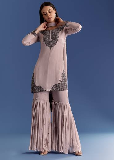 Beige Chinon Beaded Kurta Set With Ombre Dupatta