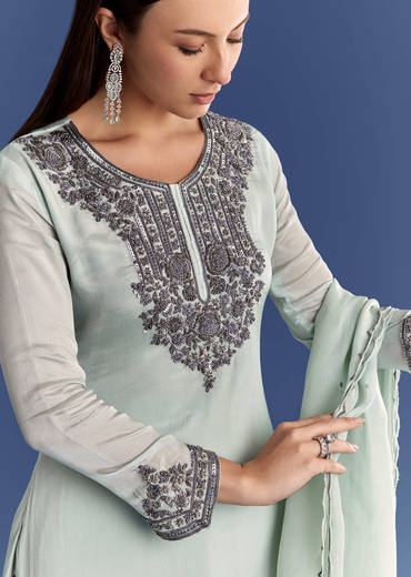 Mint Green Chinon Kurta Set With Beads And Ombre Dupatta