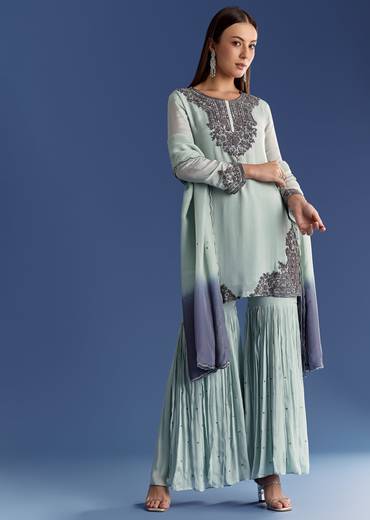Mint Green Chinon Kurta Set With Beads And Ombre Dupatta