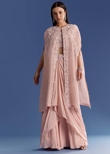 Light Peach Tissue Cape Set With Embroidered Croptop And Skirt