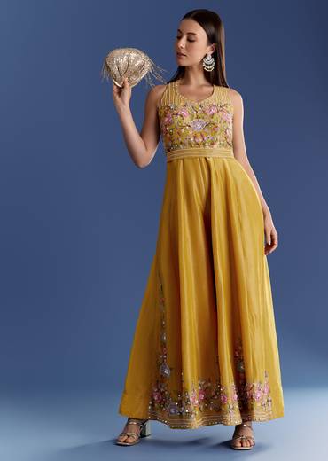 Yellow Tissue Jumpsuit With Moti And Cutdana Belt