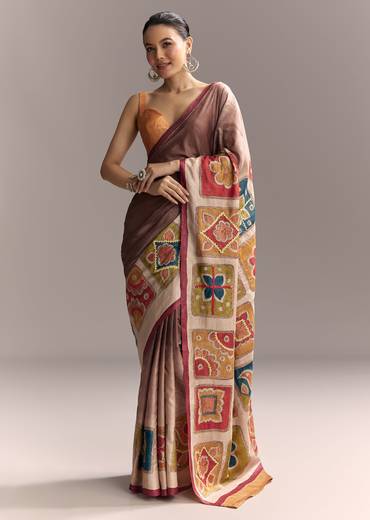 Earthy Artistic Couple Set – Brown Cotton Hand-Painted Saree With Contrast Border For Her And Brown Silk Kurta With Floral Print For Him
