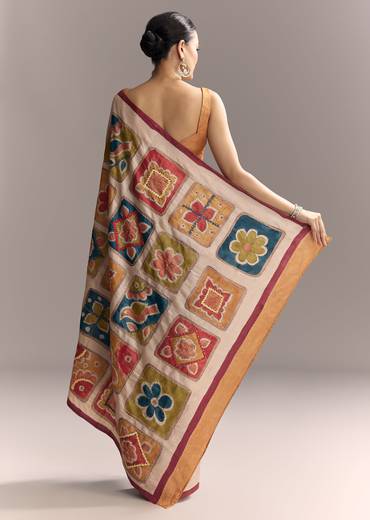 Earthy Artistic Couple Set – Brown Cotton Hand-Painted Saree With Contrast Border For Her And Brown Silk Kurta With Floral Print For Him