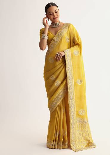Musturd Yellow Silk Saree With Pallu And Border Embroidery