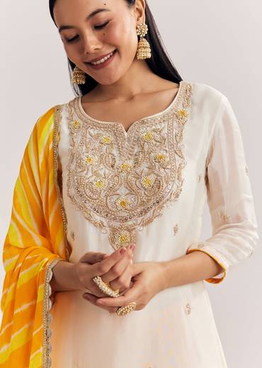 Mustard Ombre Leheriya Kurta Sharara Suit With Cutdana And Sequins Work