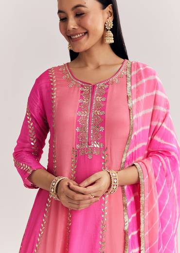 Pink Georgette Kurta Dhoti Suit With Gotta Lace And Moti Work