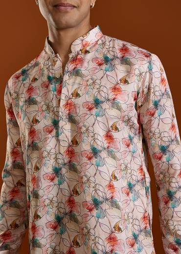 Soft Pastel Pair – Printed Saree For Her And Kurta For Him