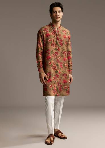 Earthy Artistic Couple Set – Brown Cotton Hand-Painted Saree With Contrast Border For Her And Brown Silk Kurta With Floral Print For Him