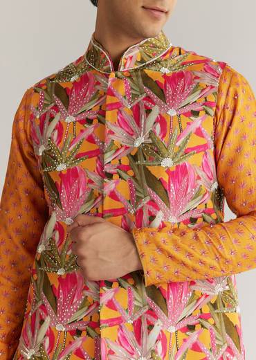 Mustard Yellow Silk 3D Crystal Pearl Floral Kurta Jacket Set