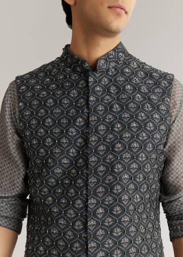Grey Silk Cutdana Sequins Kurta Jacket Set