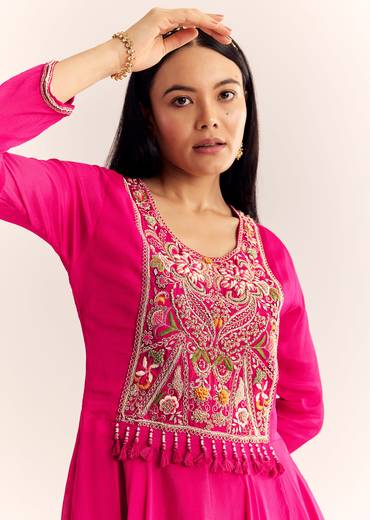 Pink Chinon Zardosi Work Kurta Palazzo Suit