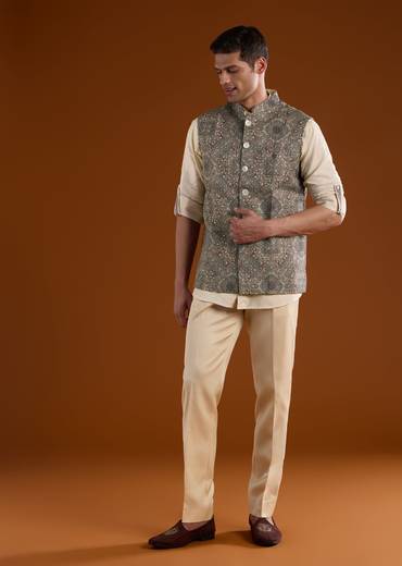 Sunlit Festive Couple Set – Orange Abstract Crush Saree for Her And Olive Silk Kurta Jacket Set for Him