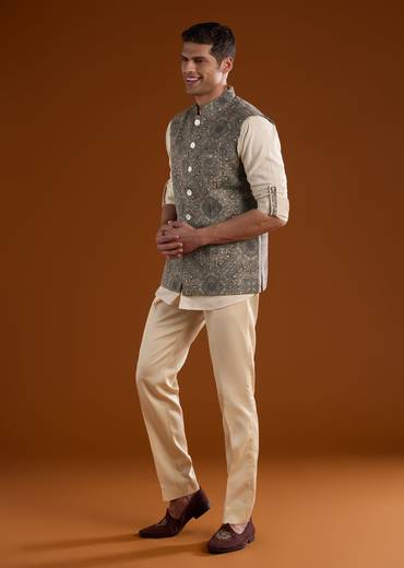 Sunlit Festive Couple Set – Orange Abstract Crush Saree for Her And Olive Silk Kurta Jacket Set for Him