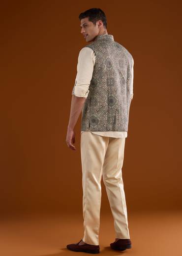 Sunlit Festive Couple Set – Orange Abstract Crush Saree for Her And Olive Silk Kurta Jacket Set for Him