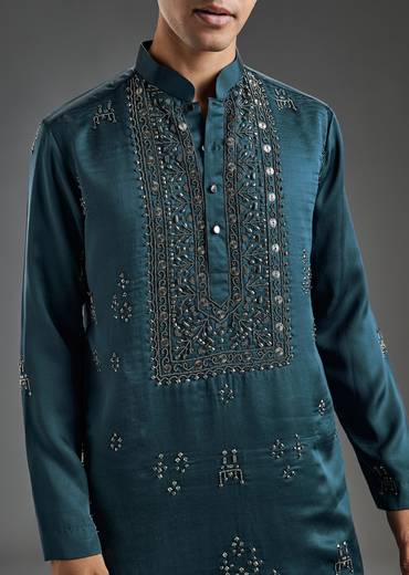 Blue Kurta Set With Intricate Hand Embroidered Metal Work