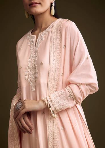 Baby Pink Chinon Thread And Sequin Embroidered Palazzo Set