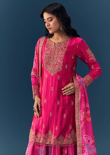Pink Cutdana Embellished Kurta Palazzo Set