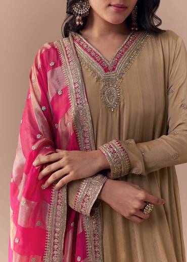 Gold Zardozi Embellished Chinon Anarkali with Dupatta