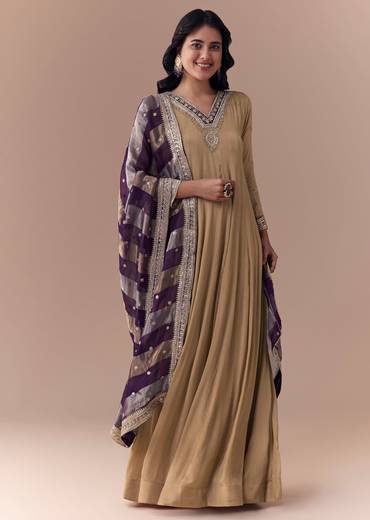 Gold Zardozi Work Anarkali with Dupatta