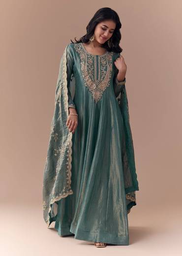 Sea Green Zardozi Anarkali with Dupatta