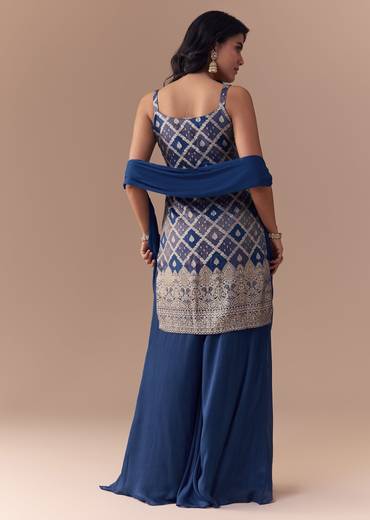 Blue Jacquard Woven Kurta Palazzo and Dupatta Set