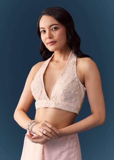 Pink Net Jaal Resham Work Saree with Unstitched Blouse