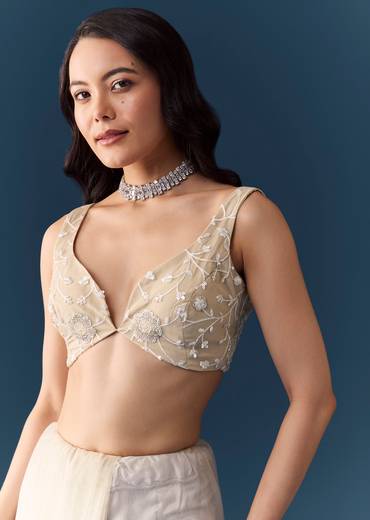 Off White Net Jaal Embellished Saree with Unstitched Blouse