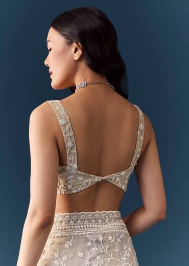 Off White Net Jaal Embellished Saree with Unstitched Blouse