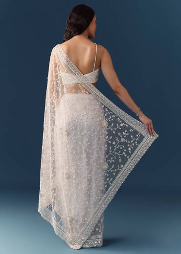 White Net Jaal Resham Work Saree with Unstitched Blouse