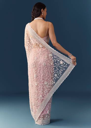 Pink Net Jaal Resham Saree with Unstitched Blouse
