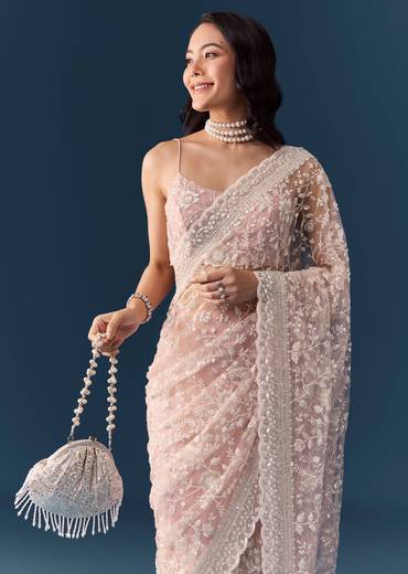 Pink Net Jaal Resham Saree with Unstitched Blouse