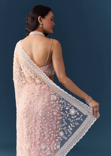 Pink Net Jaal Resham Saree with Unstitched Blouse