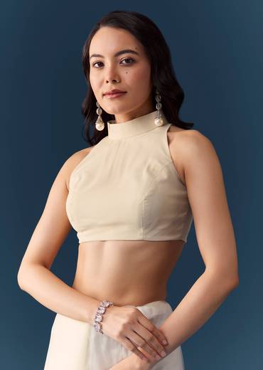 Cream Net Jaal Embellished Saree with Unstitched Blouse