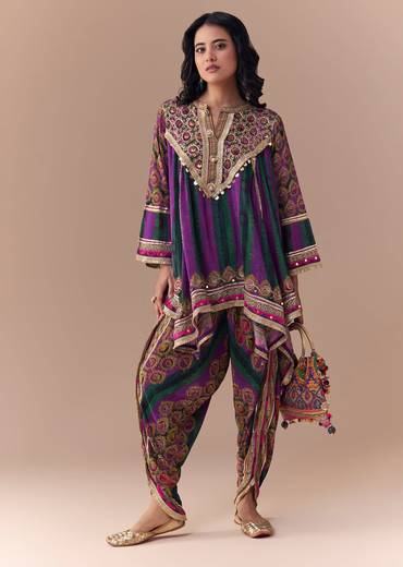 Purple Indie Print Dhoti Set with Handbag