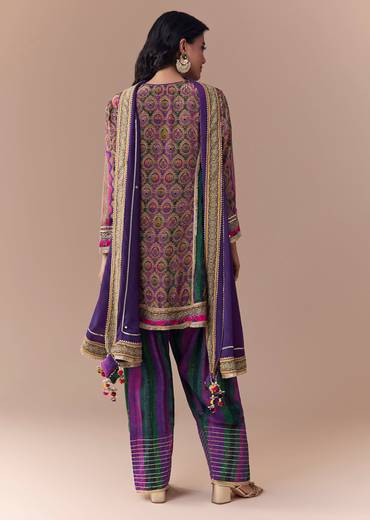 Purple Indie Print Kurti Patiala Suit Set with Handbag