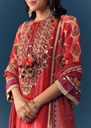 Orange Gota Lace Work Kurta Set with Handbag