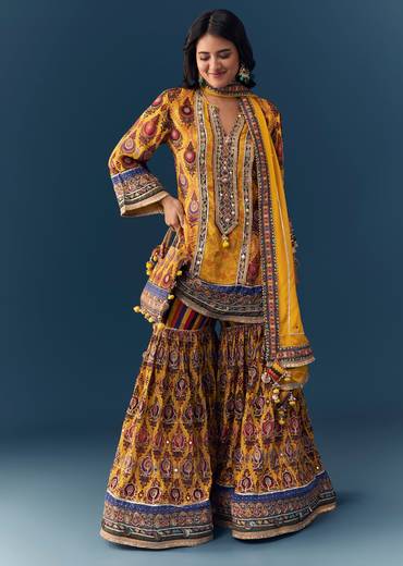 Yellow Gota Lace Work Sharara Set with Handbag