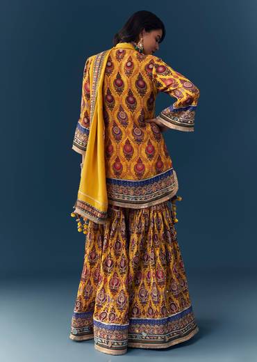 Yellow Gota Lace Work Sharara Set with Handbag