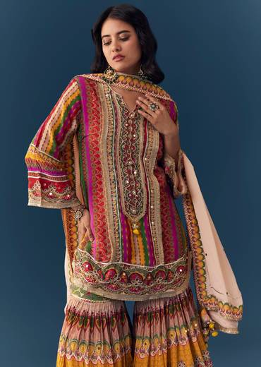 Multi Indie Print Sharara Set with Handbag