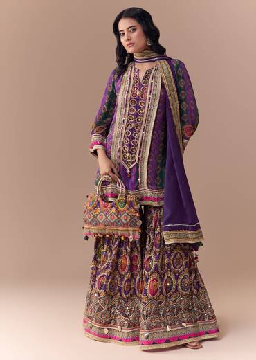 Purple Indie Print Kurta Sharara Set with Handbag