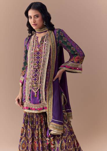 Purple Indie Print Kurta Sharara Set with Handbag