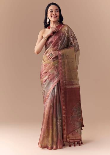 Maroon Shaded Organza Silk Saree with Unstitched Blouse