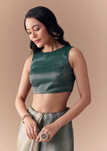 Teal Green Organza Silk Saree with Unstitched Blouse